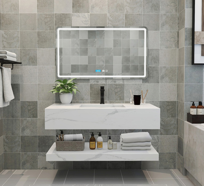 White Marble Double Basin Floating Vanity Top with Matching Shelf