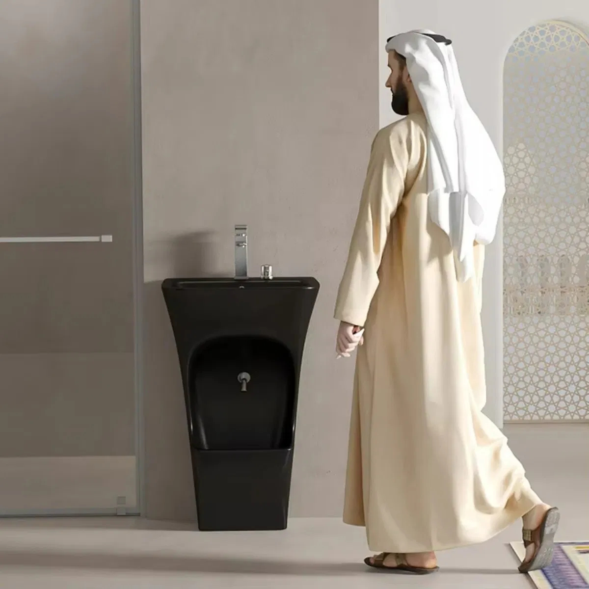 Black Floor-Mounted 2-in-1 Wudu Wash Basin and Foot Washer