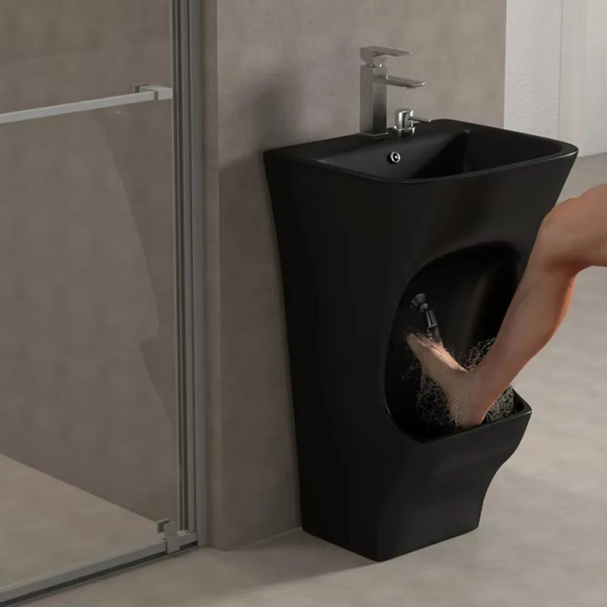 Black Floor-Mounted 2-in-1 Wudu Wash Basin and Foot Washer
