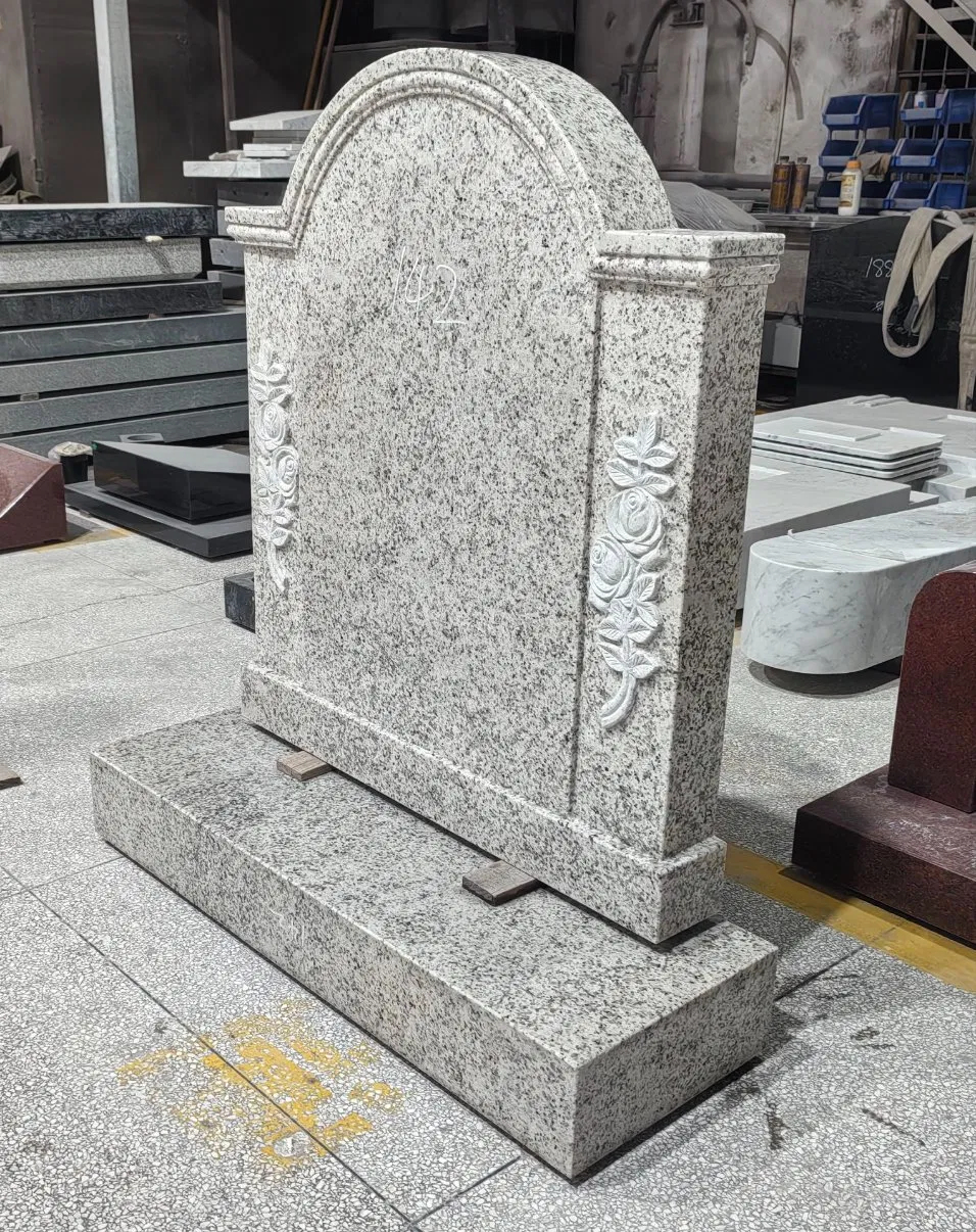 Irish Style Light Grey Granite Upright Headstone with Floral Carving