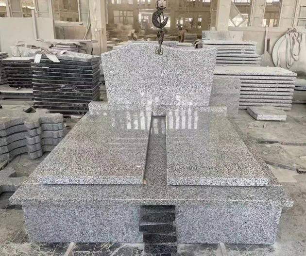 Romanian Style Black and Grey Granite Full Grave Tombstone with Cross Detail