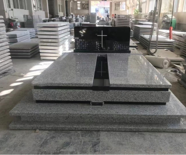 Romanian Style Black and Grey Granite Full Grave Tombstone with Cross Detail