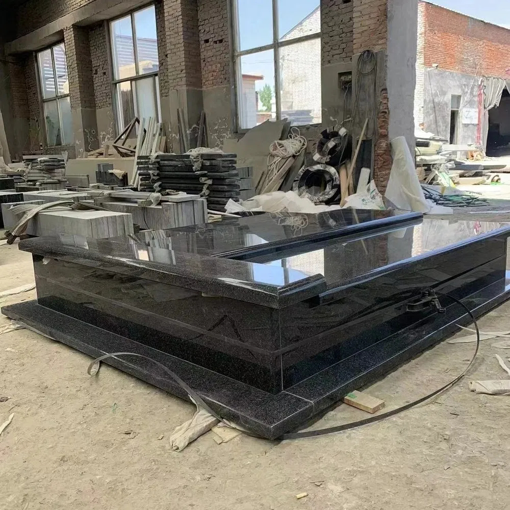 Russian Style Black Granite Upright Headstone with Grey Grave Border